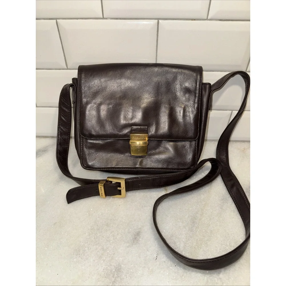 Vintage Perlina Dark Brown‎  Leather Crossbody Bag & Organizer Purse GW997